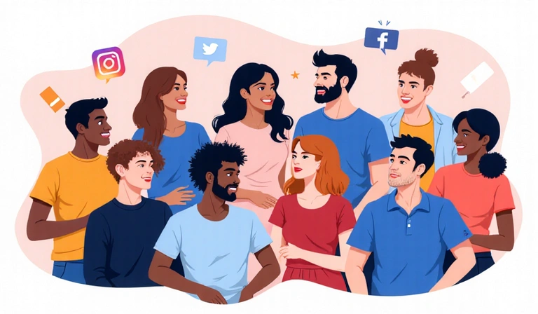 Ilustración de personas conectando en redes sociales con iconos de Instagram y Facebook